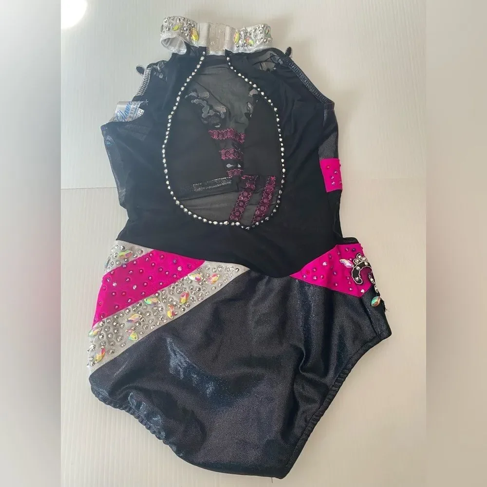 Glamour competition, solo dance costume hot pink black sassy jazz bling LC child